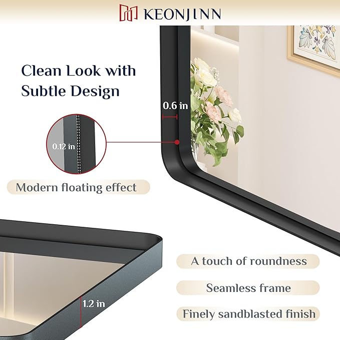 Keonjinn Black Bathroom Mirrors for Over Sink, 36 x 36 Inch Large Square Mirrors for Wall, Rounded Rectangle Matte Black Farmhouse Vanity Mirror, HD Tempered Glass Modern Mirror(Horizontal/Vertical)