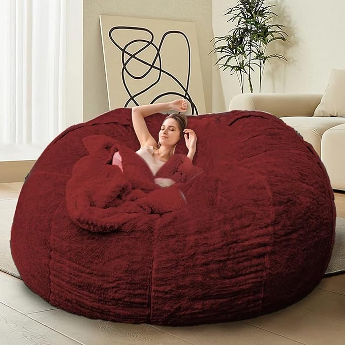 Bean Bag Chair for Adults Kids Without Filler Comfy Giant Round Lazy Sofa Chair Cover Floor Chair Cover for Bedroom Living Room, 7FT, Red Wine