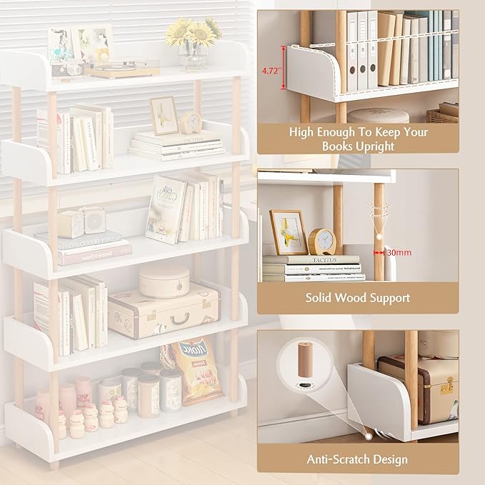 5-Tier Wooden Open Bookcase - Modern Display Bookshelf with Side Panels and Solid Wood Frame for Home and Office, Shelf Unit in Warm White