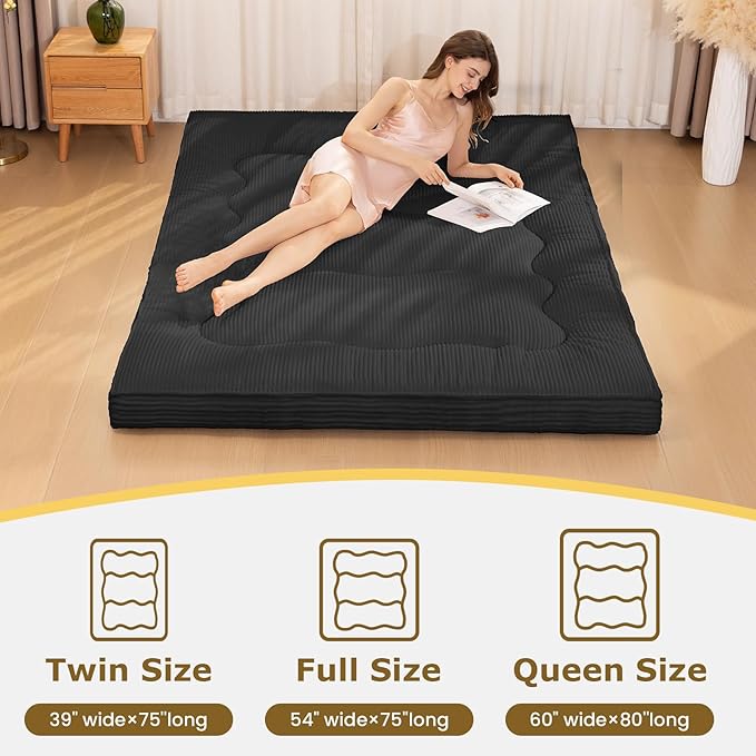 Japanese Floor Mattress, 4" Thicken Futon Mattress Full Size Sleeping Pad, Corduroy Foldable Floor Pad, Roll Up Tatami Mat for Adults Guest Room Bedroom, Black