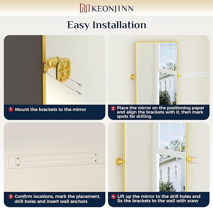 Keonjinn Large Pivot Mirror Bathroom, 40 x 30 Inch Beveled Tilt Mirror Bathroom, Gold Metal Framed Mirrors with Rounded Corner, Modern Rectangle Vanity Mirrors for Wall (Horizontal/Vertical)