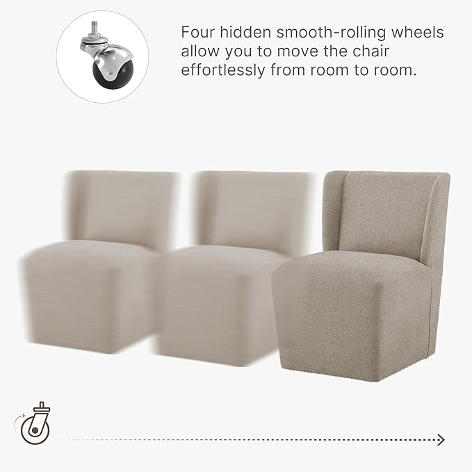 Upholstered Dining Chair with Casters Wingback Modern Side Armless Deskchair with Rollers for Diningroom Bedroom Livingroom Reading Room,Khaki,4 Box