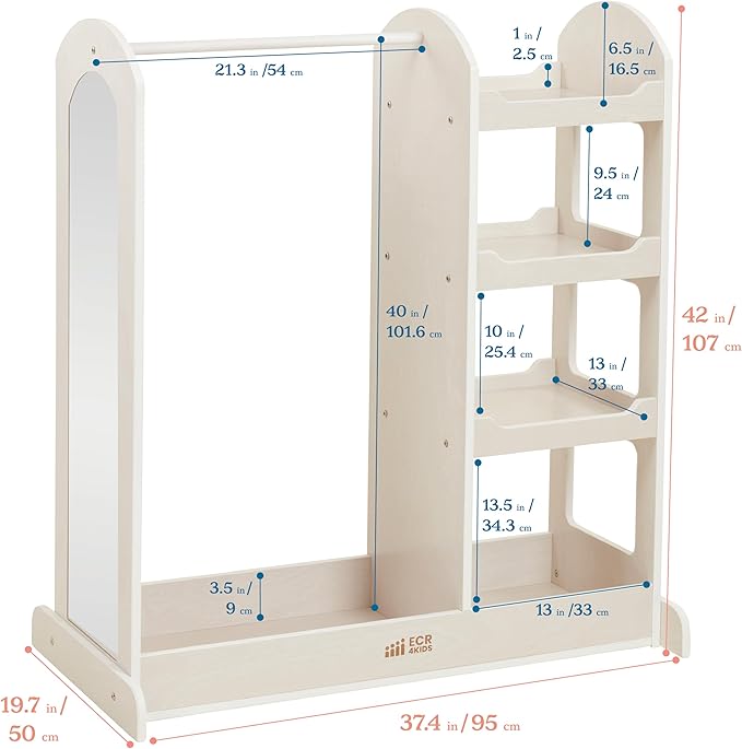ECR4Kids Dress Up Center with Mirror, Costume Organizer, White Wash