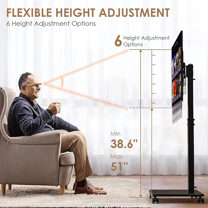 Rolling TV Stand Portrait for 65 70 75 Inch TVs, Tilt and Swivel Mobile TV Cart on Wheels up to 110 Lbs, 6 Height Adjustable PortableTV Stand, Max VESA 600x400mm