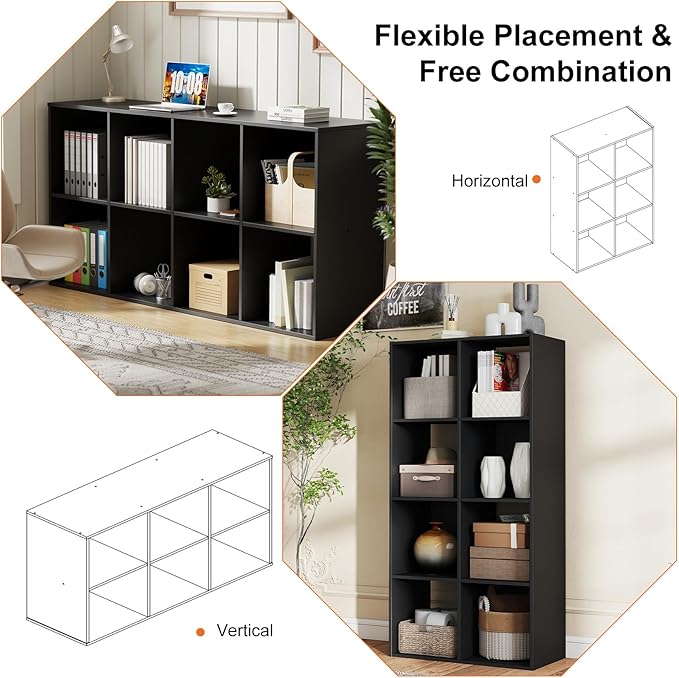 Sweetcrispy 8 Cube Storage Organizer - Open Cube Bookshelf with 4 Removable Back Panels, Display Storage Bookcase for Living Room, Bedroom, Entrance Hall, Home Office，47.7"L×11.6" W×24"H, Drak Black