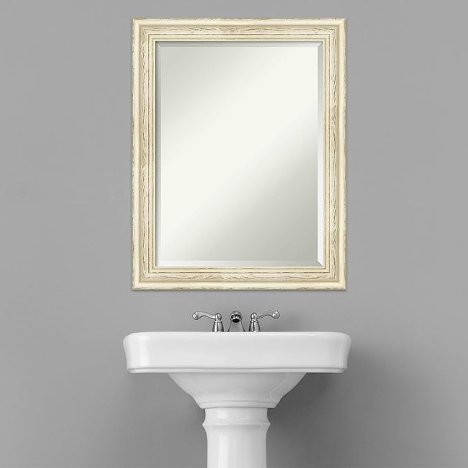 Amanti Art White Bathroom Mirror for Over Sink, 29x23 Country White Wash Rectangle Vanity Mirror, Medium Rustic Farmhouse Wood Frame, Hangs Horizonally and Vertically, Bathroom Wall Decor, Beveled