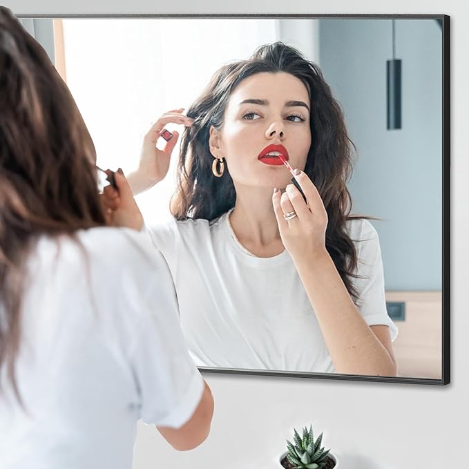 24x40 Inch Black Bathroom Mirror,Copper-Free Mirror, Aluminum Alloy Frame Vanity Mirror, Rectangle Wall Mounted Mirror, Modern Mirror for Bedroom/Living Room/Porch Horizontal or Vertical