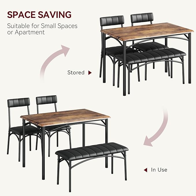 Garvee Dining Table Set for 4, Kitchen Table with Upholstered Bench and 2 Chairs, 4-Piece Wooden Dining Table Set for Apartment, Dining Room, Small Space, Brown