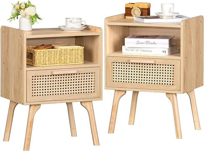 Lerliuo Rattan Nightstands Set of 2, Boho Side Table with Drawer Open Shelf, Cane Accent Bedside End Table with Solid Wood Legs for Bedroom, Dorm and Small Spaces (Natural)
