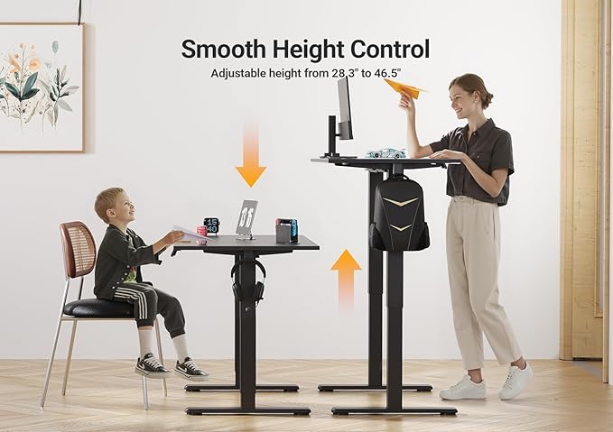 Seang Electric Standing Desk Adjustable Height, 48 x 24 Inch Sit Stand Desk with T-Shaped Frame, 3 Memory Presets & Cable Management for Home Office Computer Workstation, Black Frame/Black Top