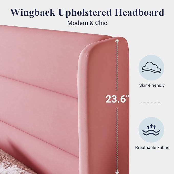 Allewie Full Size Platform Bed Frame with Velvet Upholstered Wingback Headboard, No Box Spring Needed, Under Bed Storage Space, Strong Wooden Slats, Modern Mattress Foundation, Easy Assembly, Pink