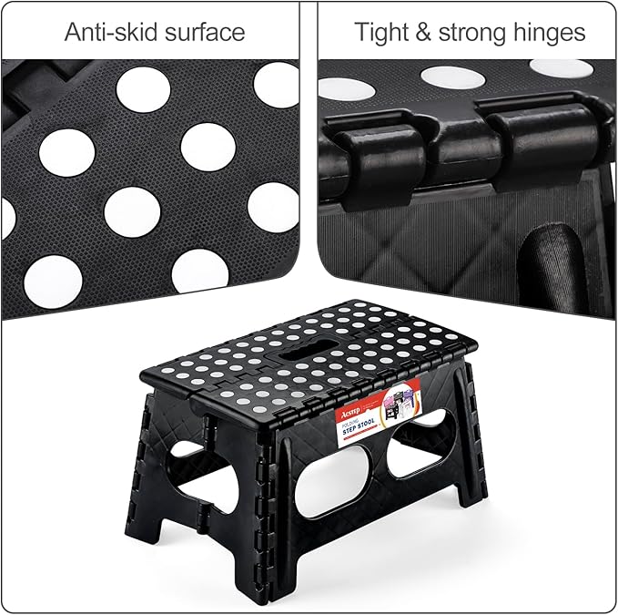 ACSTEP Folding Step Stool,15-Inch Extra Wide 9Inch Height Heavy Duty Stepping Stool More Safe and Comfortable Non Slip Foldable Step Stool for Kids and Adults Black