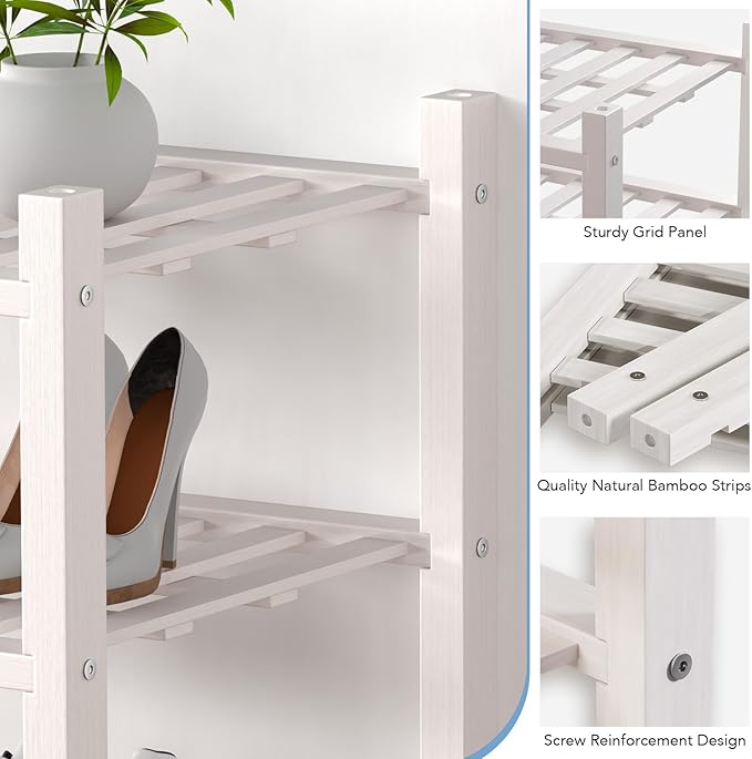 Haddockway small 6 Tier Bamboo Shoe Rack Storage Organizer, Multifunctional Free Standing Stackable Shoe Shelf with Grid Panel for Closet,Hallway,Entryway,Small Space 18"x11"x34"(White, 6-Tier(Small))