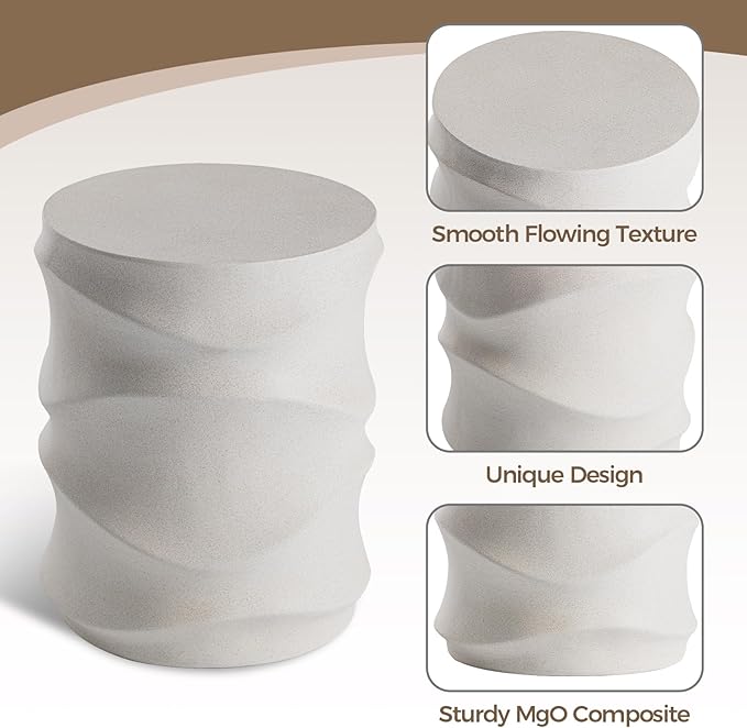 COSIEST Set of 2 Outdoor Side Table, 2 Pieces Concrete Side Table for Patio, Streamlined Lightweight Accent Table, Decorative Patio Garden Stools, Plant Stand Drum Table, Round, Spotted White