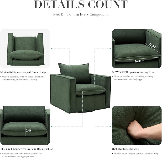 COLAMY Swivel Accent Chair Set of 2, Wide Upholstered 34in Living Room Chairs with Pillow Modern Comfy ArmChair Bedroom Reading Room Chair Sofa,Green