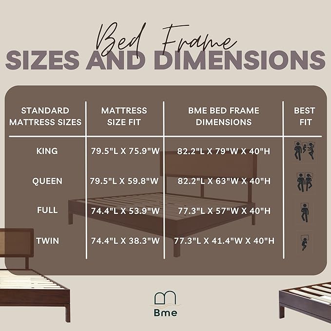 Bme Nipe Full 14 Inch Bohemian Bed Frame with Adjustable Wicker Headboard - Rustic & Vintage Unique Style with Acacia Wood - No Box Spring Needed - Easy Assembly - Walnut