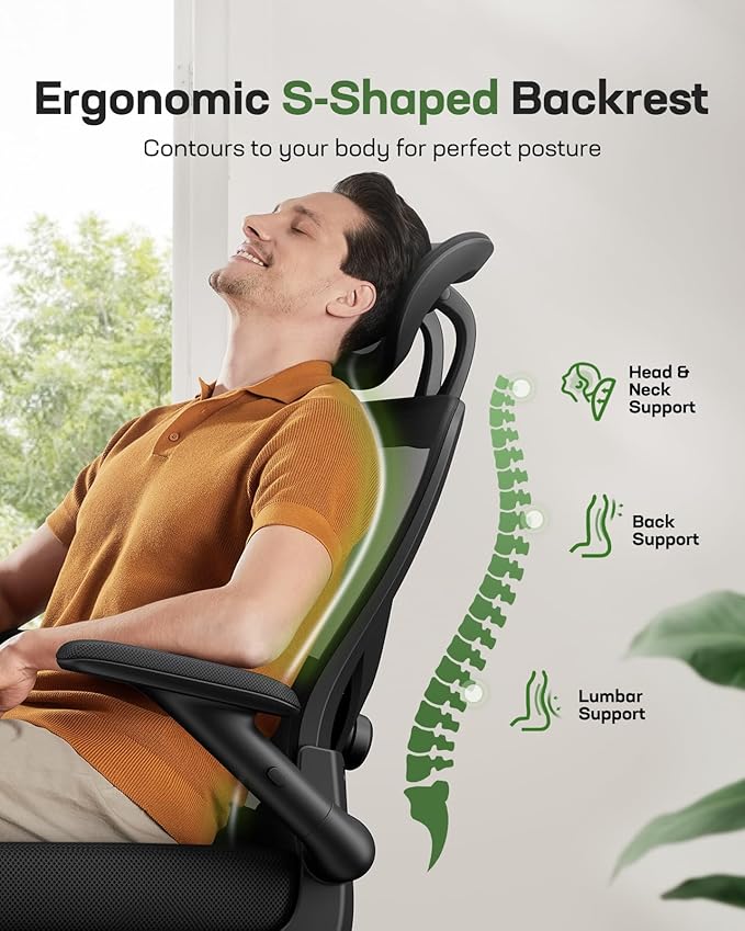 Marsail Ergonomic Mesh Office Chair High Back Desk Chair Adjustable Lumbar Support with Headrest Flip-Up Liftable Arms Swivel Computer Task Chair for Big and Tall People