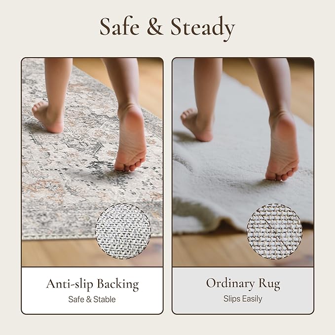 GENIMO 2'6''x14 Runner Rugs for Hallway, Machine Washable Non Slip Vintage Rugs, Low Pile Soft Chenille Print Rug for enrtyway, Corridor, Home Office,Light Taupe Brown