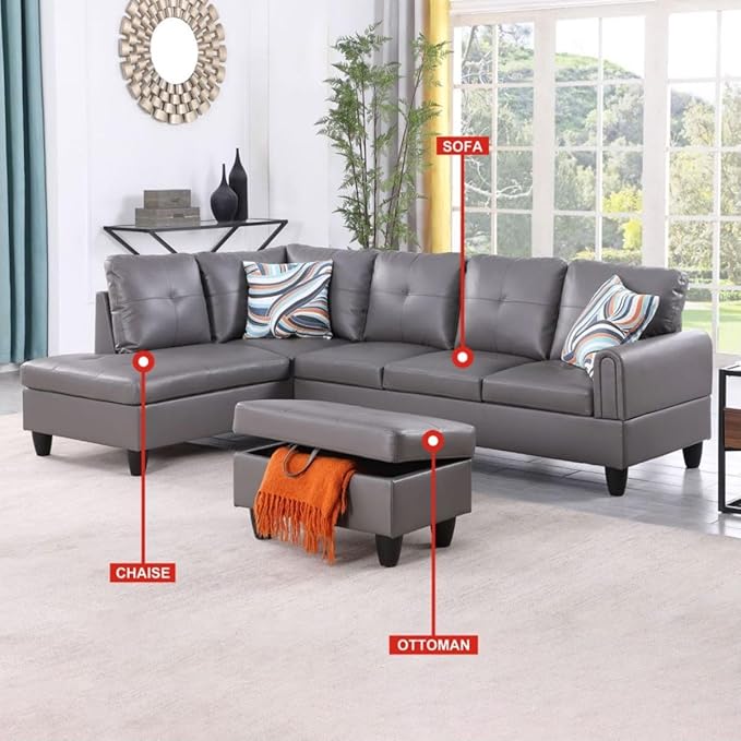 Dark Grey L-Shaped 3-Piece Faux Leather Sofa with Storage Ottoman Set, Sectional Couch Sofa Set for Living Room, Office, Small Space