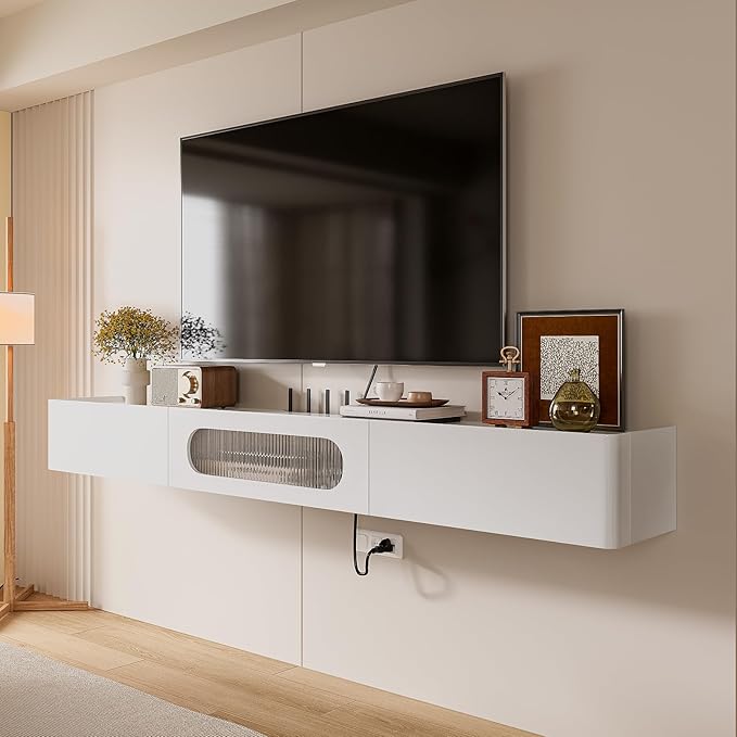 Floaticase Floating TV Stand, 55IN Fully Assembled Hign Gloss Wall Mounted Entertainment Center with Flip-Down Door & Drawers, Under TV Shelf with Large Storage for Living Room, Bedroom