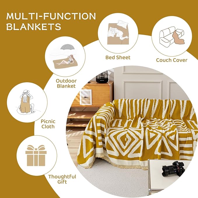 STACYPIK Mustard Yellow Boho Sofa Cover Couch Cover Reversible Jacquard Furniture Protector for 3 Cushion Couch L Shaped Sofa Slipcover Non-Silp Sofa Cushion Covers for Sectional with Tassels-91X118IN