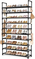 Tall Shoe Rack 10 Tier Shoe Organizer Large Shoe Shelf with 18 Hooks Storage for 50 Pair Sneaker and Boot, Stackable Vertical Shoe Rack Organizer for Closet, Entryway, Bedroom