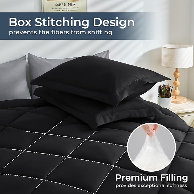 HEVUMYI Cali-King Comforter Set - 7-Piece All Season Bed in a Bag Cali-King, Ultra Soft Bedding Set with Comforter, Flat Sheet, Fitted Sheet, Pillowcases, Pillow Shams, Black & Light Grey