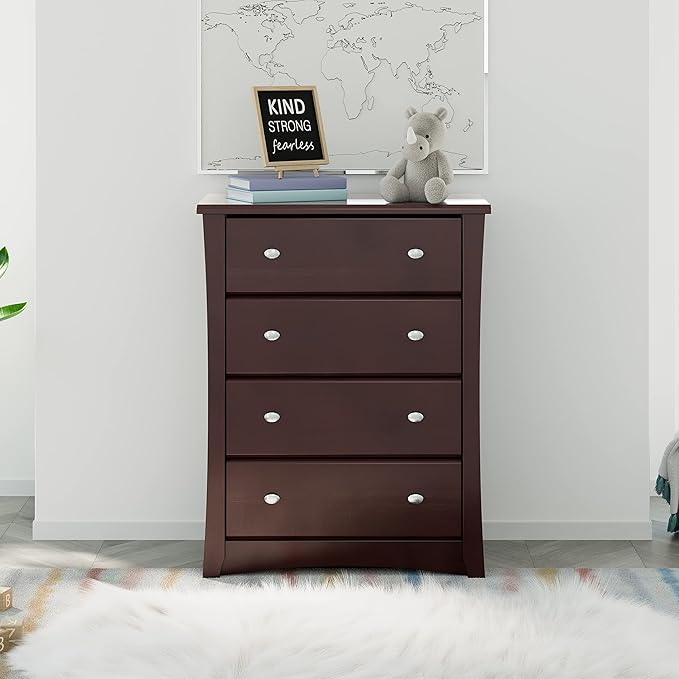 Storkcraft Crescent 4 Drawer Chest (Espresso) – GREENGUARD Gold Certified, Easy-to-Match Chest of Drawers for Nursery and Kids Bedroom, Dresser Organizer for Children’s Bedroom