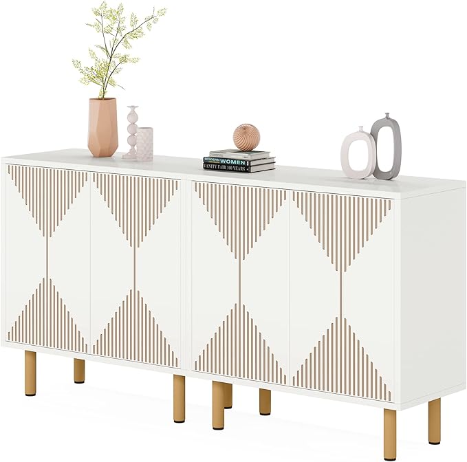 LITTLE TREE White Sideboard Buffet Cabinet, Modern Sideboard Cabinet with 4 Doors, Cupboard Console Table