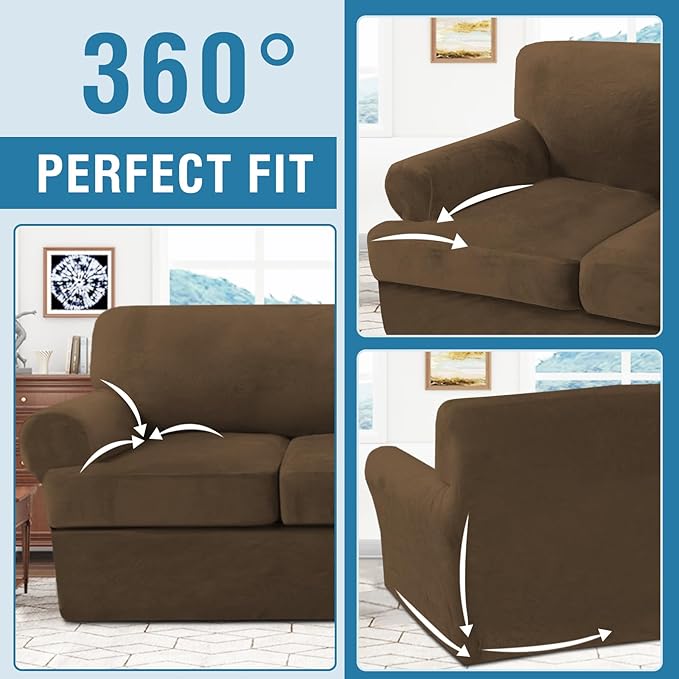 H.VERSAILTEX Sofa Cover 4 Piece T Cushion Sofa Slipcovers Thick Velvet Couch Cover Stretch T Cushion Sofa Covers for 3 Cushion Couch with 3 Individual T Cushion Covers, Bronze Brown