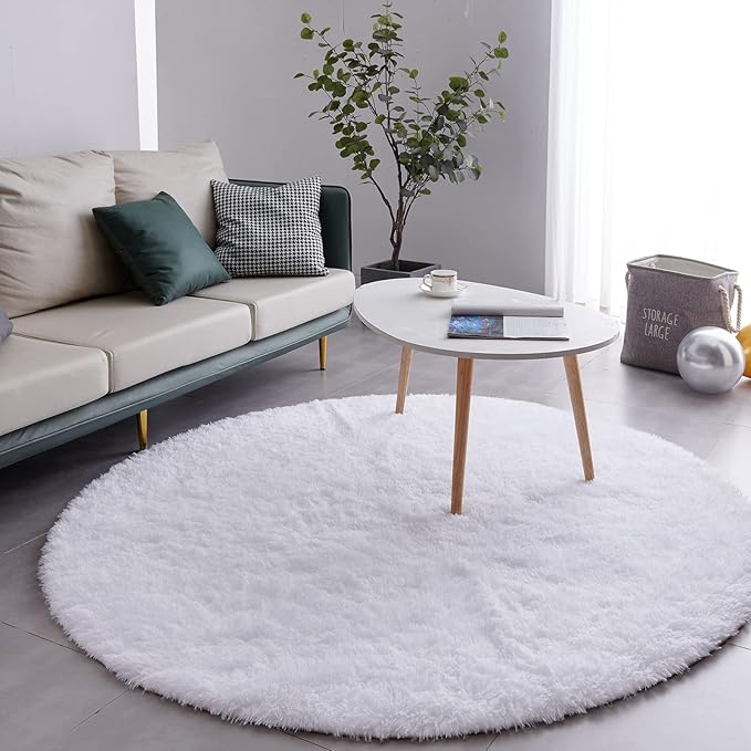 FJZFING White Round Rug Ultra-Soft Plush Modern 7x7 Circle Area Rug for Kid's Bedroom, Fluffy Shag Circular Rug for Nursery Room, Non-Slip Home Decor Cute White Carpet for Teen's Room