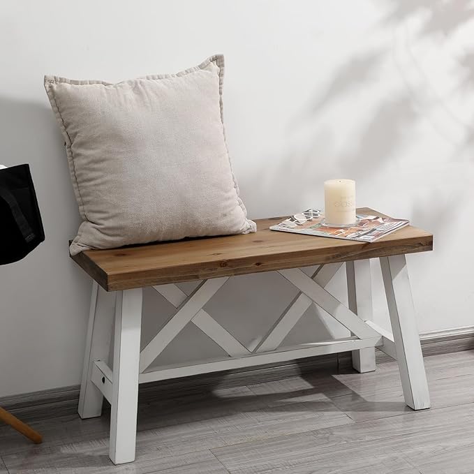 Wnutrees 30" Farmhouse Wood Bench, Rustic Solid Wood Entryway Bench Seat with Double X-Structure for Dining Room, Living Room, Hallway, Structural Stability, White