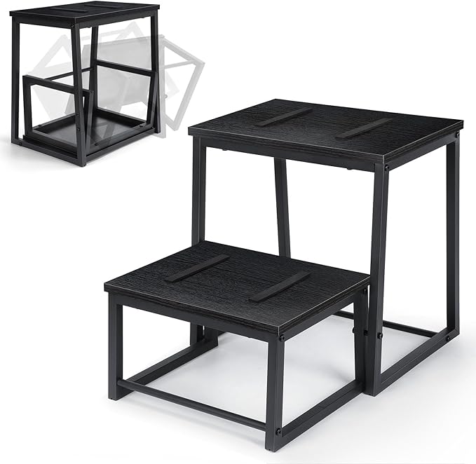 Vrisa Step Stool for Adults Wooden 2 Steps Footstool Heavy Duty RV Bedside Stepping Stool for High Beds with Metal Frame Hold Up 500LB Foot Stool for Kitchen Bathroom Bedroom, Black