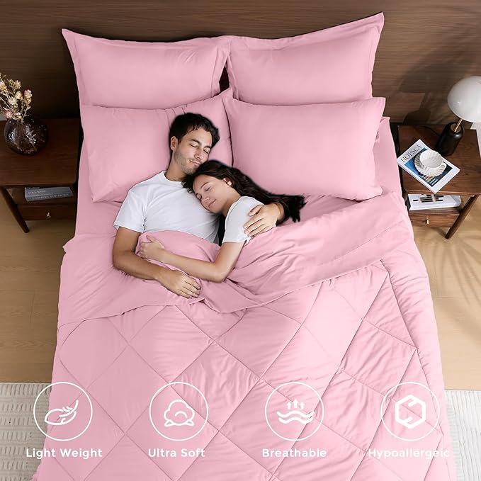 HEVUMYI Pink Twin Comforter Set - 5-Piece All Season Bed in a Bag Twin, Ultra Soft Bedding Set with Comforter, Flat Sheet, Fitted Sheet, Pillowcases, Pillow Shams, Pink