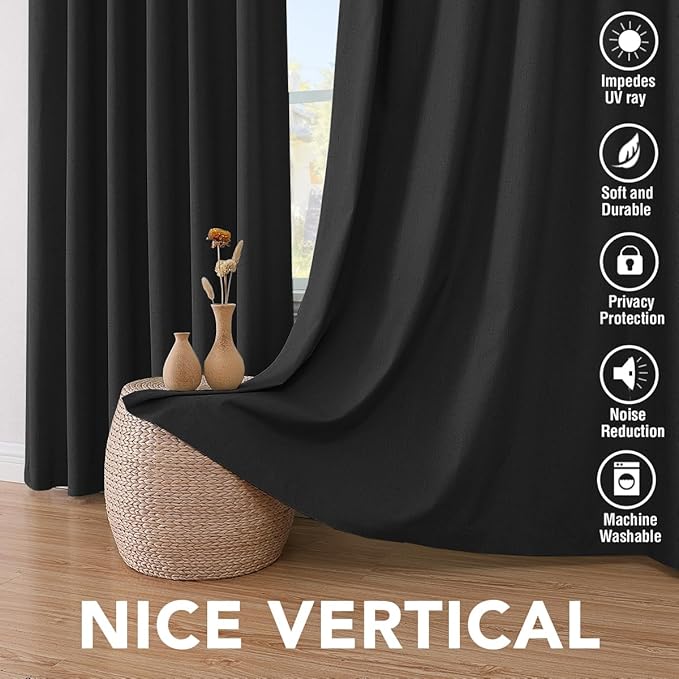 H.VERSAILTEX Bedroom Curtains Blackout Linen Blackout Curtains 84 Inches Long, 100% Blackout Thermal Textured Linen Look Curtain Draperies Grommet with White Liner, 2 Panels, Black