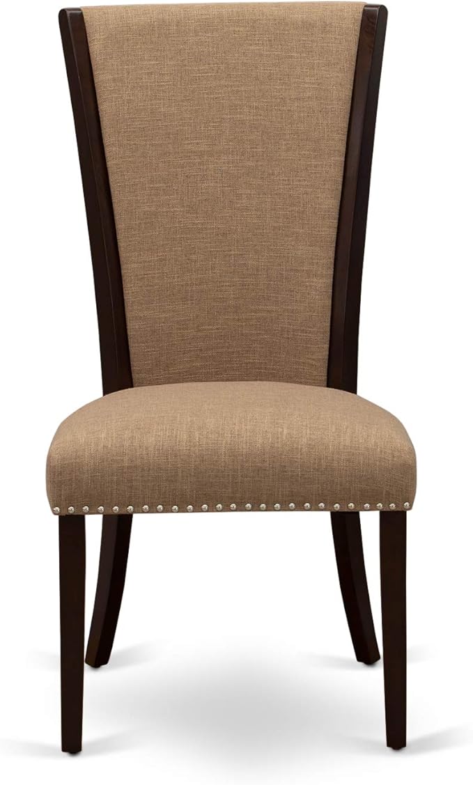 East West Furniture VEP3T47 Verona Modern Parson Chairs - Nailhead Trim Light Sable Linen Fabric Upholstered Dining Chairs, Set of 2, Mahogany