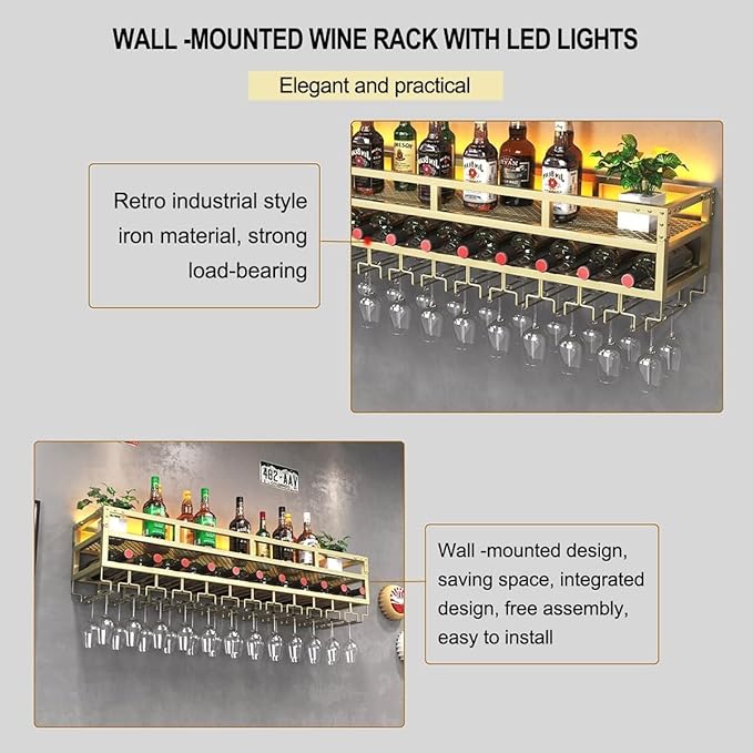 LED Wine Rack Wall Mounted, Industrial Metal Wall Wine Shelf & Glass Holder, Large Floating Shelves Wine Bottle Storage Display Rack for Home Bar Dining Room Decor(Gold, 31.5 x 9.8 x 10.6 inch)