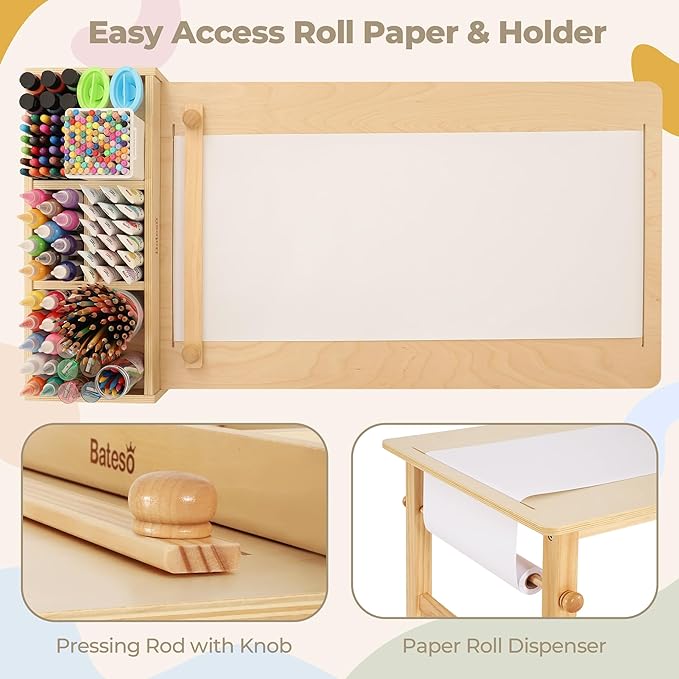 Kids Art Table and 2 Chairs Set with Roll Paper & Storage, Wooden Kid Craft Table for Drawing, Learning and Reading, Toddler Activity Play Desk for Home, Playroom or Classroom