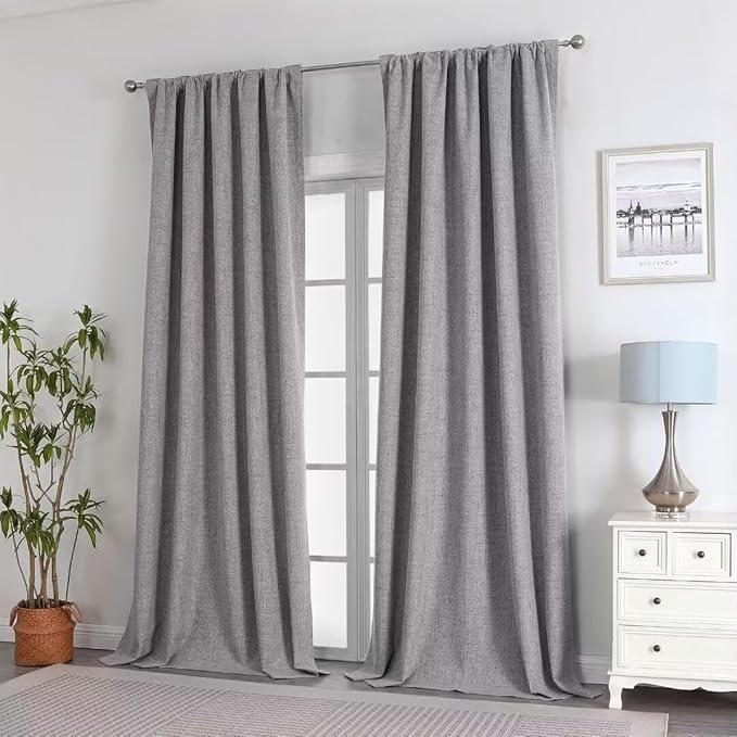 Joydeco Natural Linen Curtains 108 inch Length 2 Panels Set Burg 100% Blackout Patio Door Curtain Room Darkening Sliding Door Curtains Thermal Insulated Back tab Rod Pocket(105x108 inch, Light Grey)