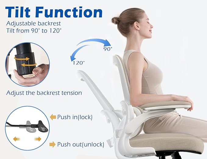 TRALT Ergonomic Office Chair - Desk Chair with Adjustable Lumbar Support Computer Chair - Mesh Comfy Chair with Flip-up Armrests - Gaming Chairs for Adults Home Office (Leather, Beige)