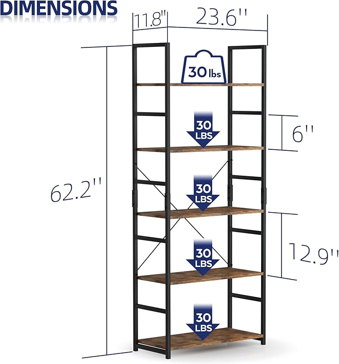 NUMENN 5 Tier Bookshelf, Tall Bookcase Shelf Storage Organizer, Modern Book Shelf for Bedroom, Living Room and Home Office, Vintage