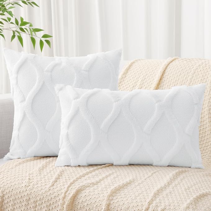 decorUhome Throw Pillow Covers 20x20 Inch Set of 2, Soft Plush Faux Fur Wool Pure White Couch Pillow Covers, Decorative Neutral Pillow Cases for Bed Sofa Living Room Home Decor