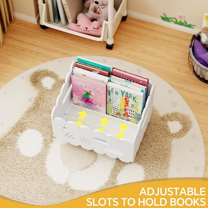 Wood Kids Bookshelf, Montessori Bookshelf, With 2 Adjustable Dividers, 4 Wheels Suitable Kids Rooms, Nursery & Classroom, Book Shelf For Kids Rooms, Toddler Book Rack, Nursery Book Shelves White