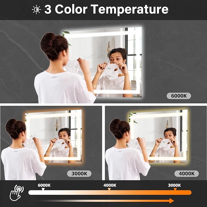 40"x 40" LED Bathroom Mirror, Backlit + Front Lit, LED Bathroom Mirror with Lights for Wall, 3 Colors, Anti-Fog, Dimmable Brightness, Memory Function, Tempered Glass