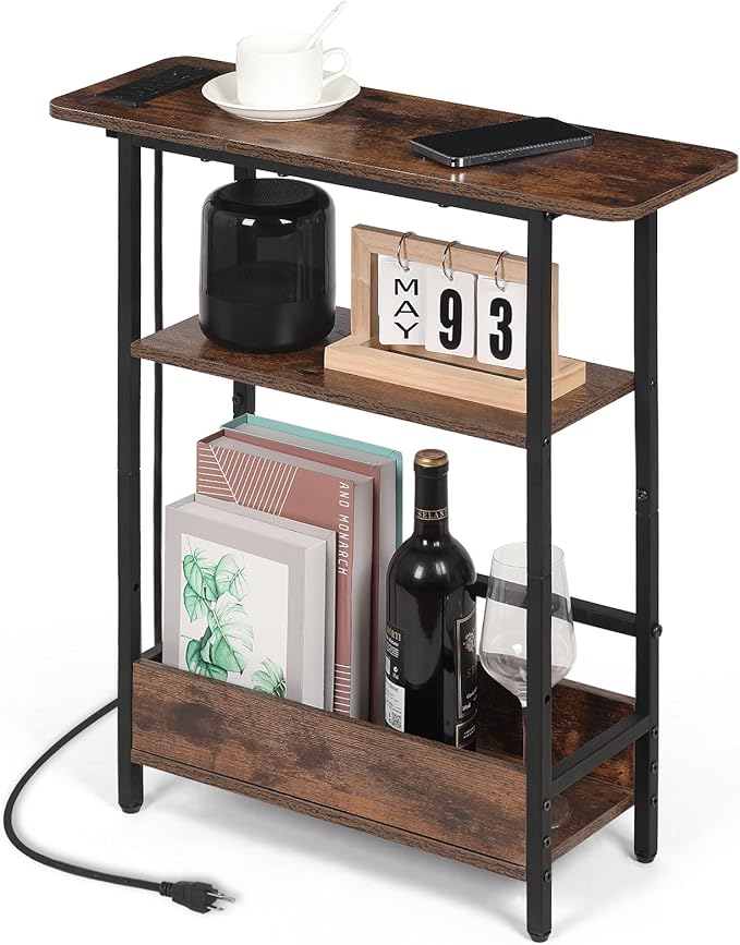 Narrow Side Table with USB-C Charging Station, 3-Tier Slim End Table with Magazine Holder, Modern Side Table for Couch or Small Spaces, Skinny Nightstand for Living Room or Bedroom