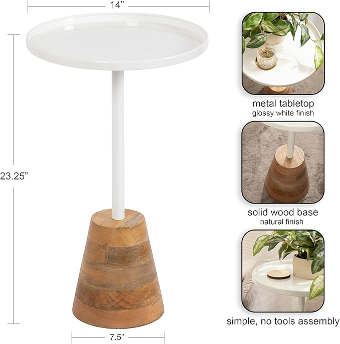 Kate and Laurel Tira Scandinavian Round Side Table, 14 x 24, White and Natural Wood, Modern Circle End Table for Use as Bedroom Nightstand or Living Room Pedestal Table