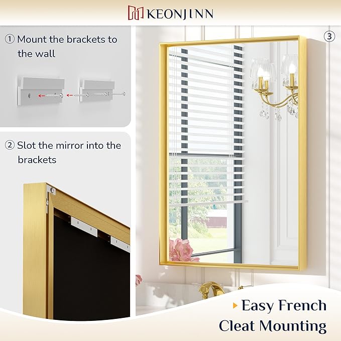 Keonjinn Gold Bathroom Vanity Mirror 24" x 32" Rectangular Wall Mirror Aluminum Alloy Metal Frame Rectangle Modern Farmhouse Mirror Square Corner Framed Mirror for Bathroom Sink(Horizontal/Vertical)