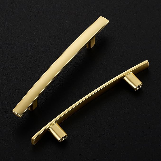 10 Pack Cabinet Handles 3.75" Hole Center - Curved Cabinet Pulls Brushed Brass Drawer Pulls for Kitchen Cupboard Solid Handles for Dresser Drawer Arch Closet Hardware