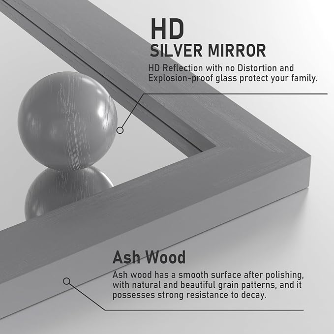 PAIHOME Large Gray Wall Mirror, Farmhouse Horizontal Rustic Square Bathroom Mirror for Wood Framed Vanity Mirrors, Barn Door Style Decor Living Room Entryway Bedroom 40x26INCH, Grey