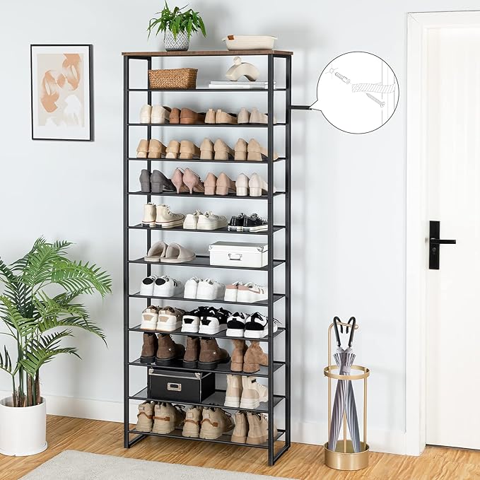 HOOBRO 12-Tier Shoe Rack, 29.5" L Shoe Storage Organizer, Large Capacity Shoe Shelf for Front Door Entrance, Entryway, Closet, Holds 36-48 Pairs of Shoes, Closet, Rustic Brown and Black BF127XJ01